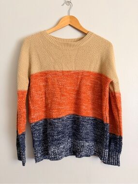 Colorblock Crewneck Sweater - Beige, Orange & Navy